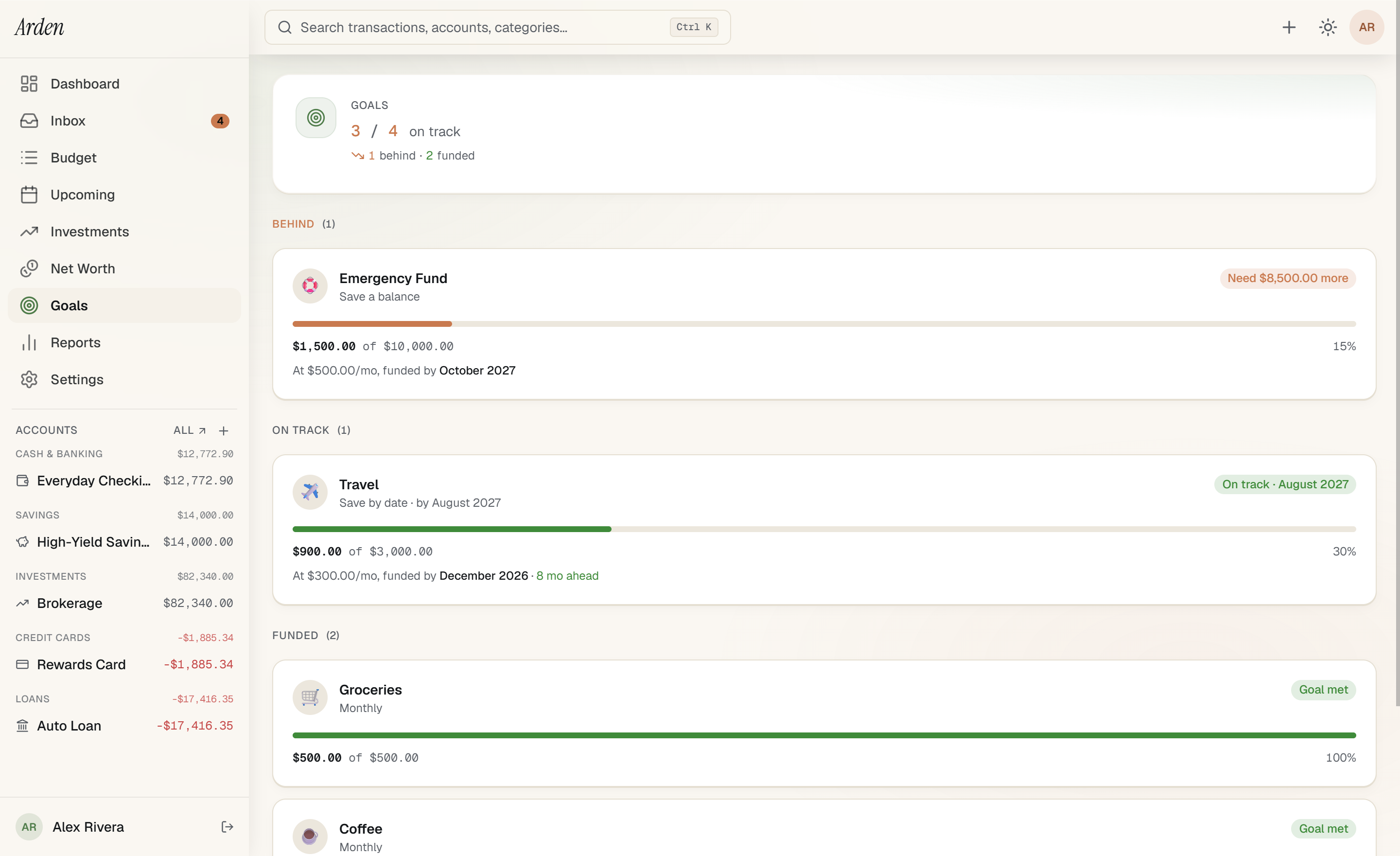Arden goals dashboard — aggregate savings progress hero (total funded vs total target across all goals) above a grid of individual goal rows, each showing its projection line marking the date the goal will hit its target at the current funding rate.