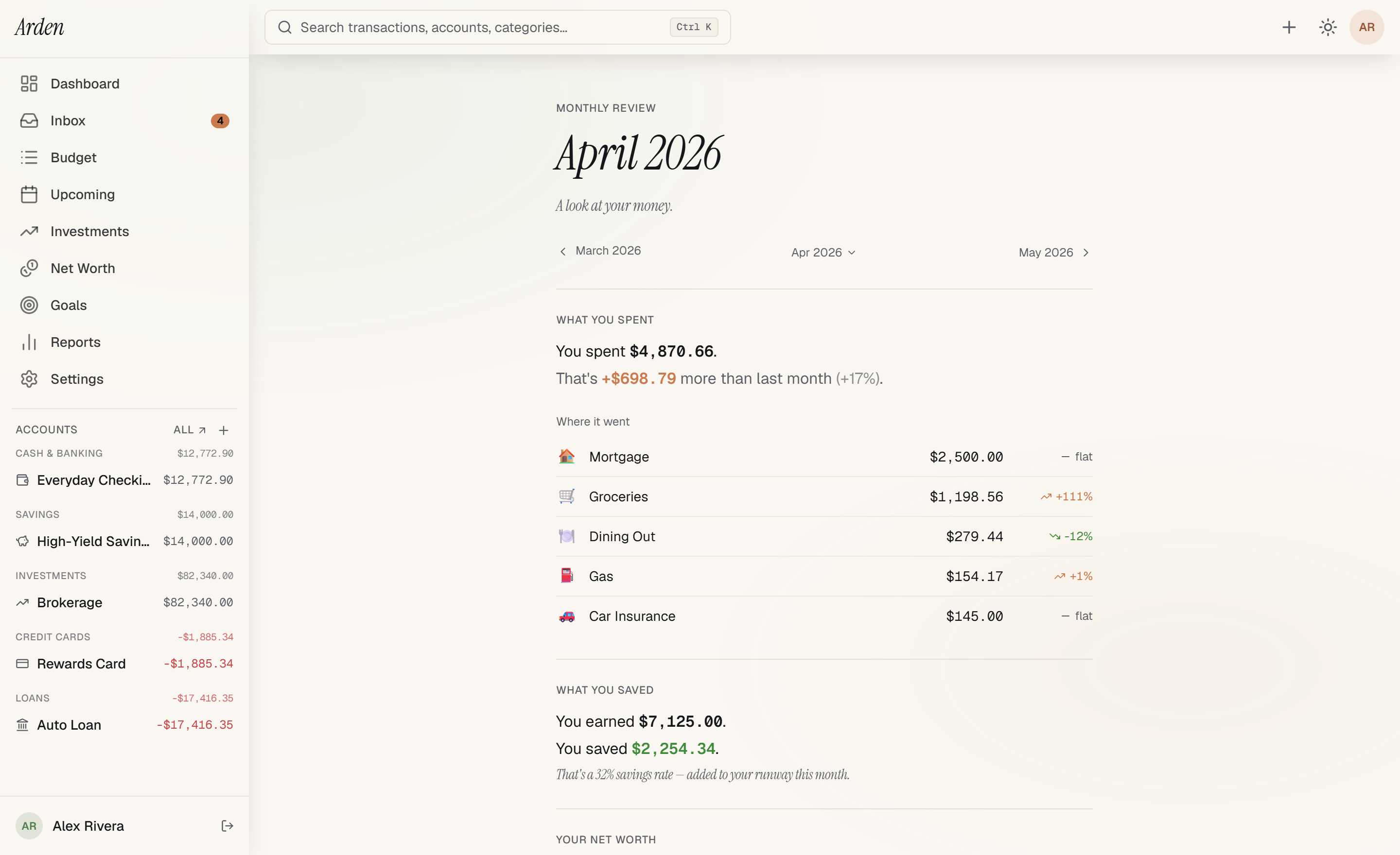 Arden monthly review — editorial single-column scroll for the closed month, leading with the savings-rate hero and net change, followed by top movers, milestones hit, and per-category goal progress. Same content as the email Arden sends on the 1st of every month.